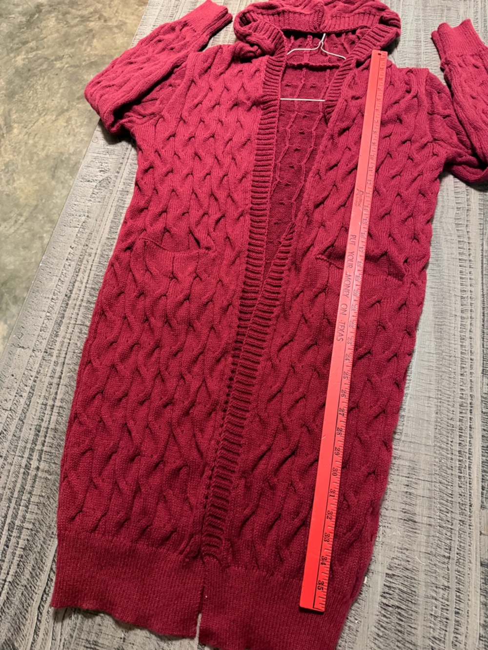 Hooded Cable-Knit Long Cardigan Sweater - Raspberry Maroon - Picture 6 of 10
